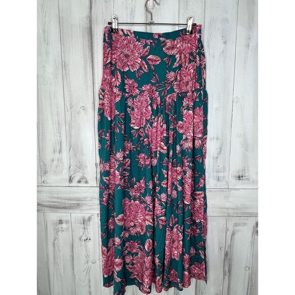 ABEL THE LABEL TEAL PINK FLORAL SLIT SIDES ELASTIC WAIST FLOWY BOHO MAXI SKIRT S - Picture 1 of 15